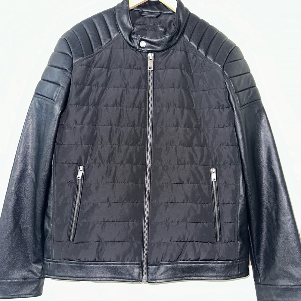 DKNY Size Large Men's Mixed Media Faux‎ Leather Puffer Motocros Racer Jacket